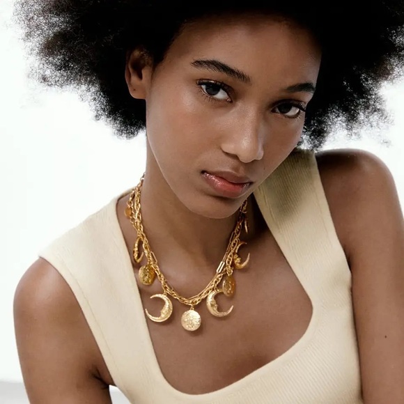 Zara Gold Charms Crystal Bar Circle Link Chain Necklace - Picture 12 of 14